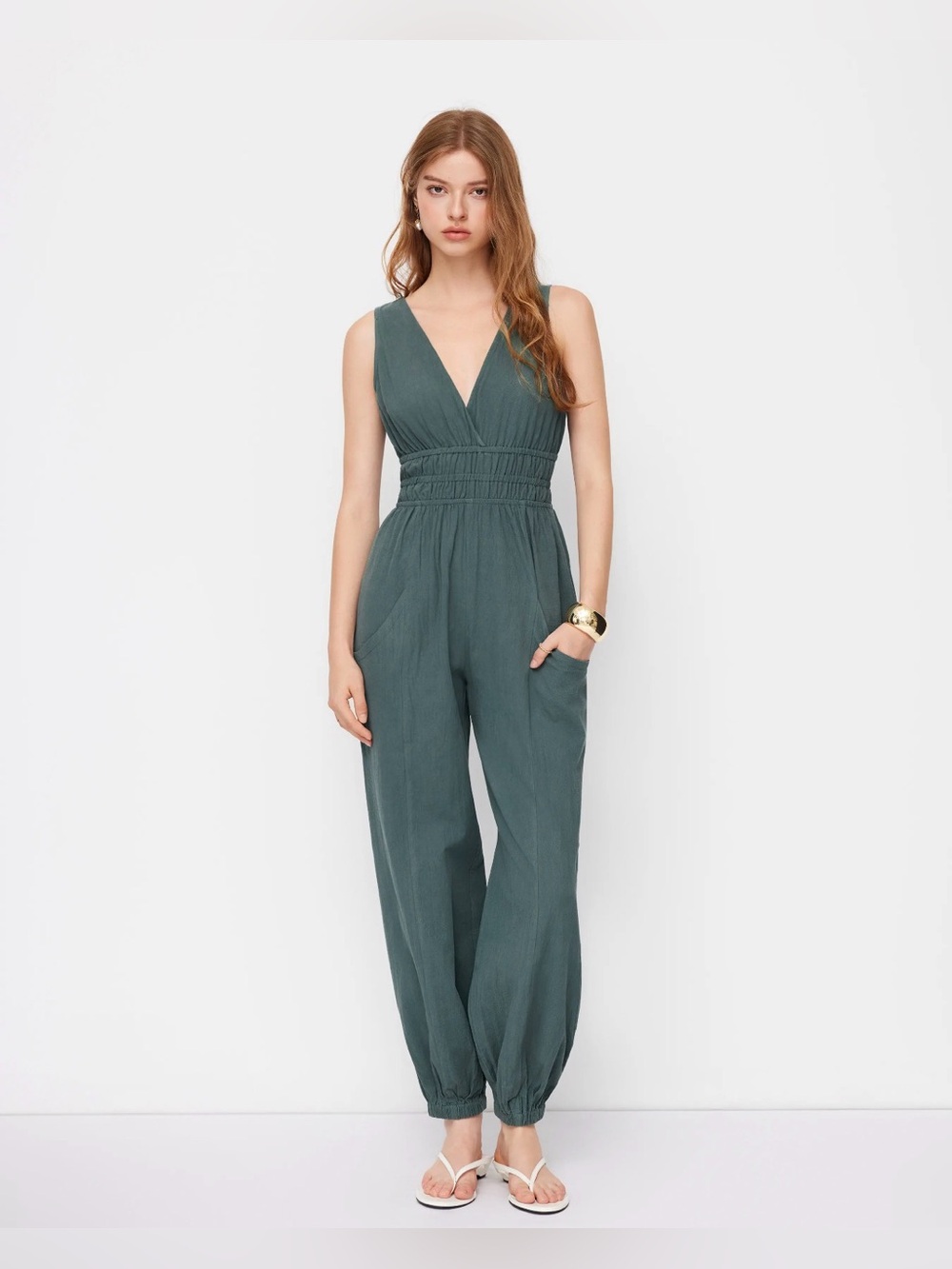 CIDER V-Neck Shirred Pocket Jogger Jumpsuit XL Green 100% Cotton